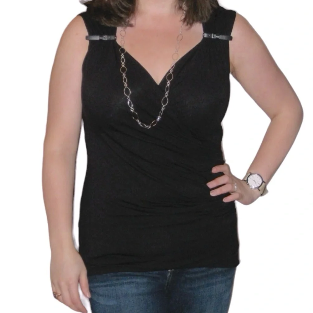 Michael Kors Faux Wrap Jersey Tank with Leather Buckle Accent, Black, Size M
